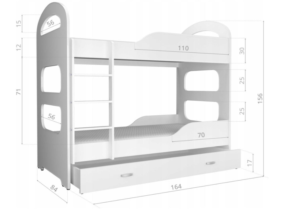 Detská poschodová posteľ Dominik so zásuvkou ŠEDÁ - 160x80 cm
