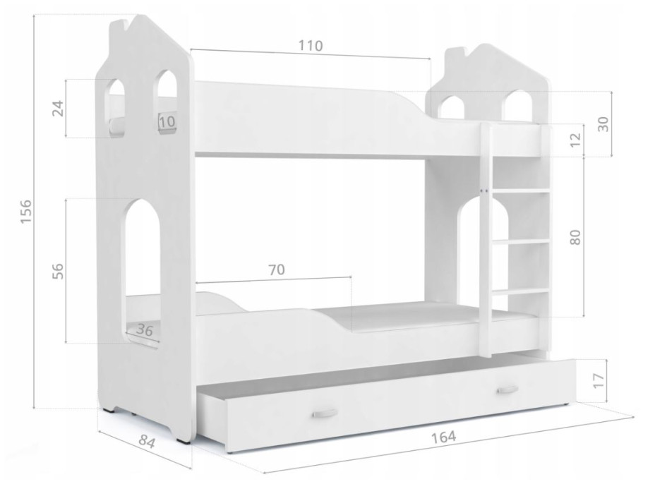 Detská domčekové poschodová posteľ Dominik so zásuvkou BIELA - 160x80 cm