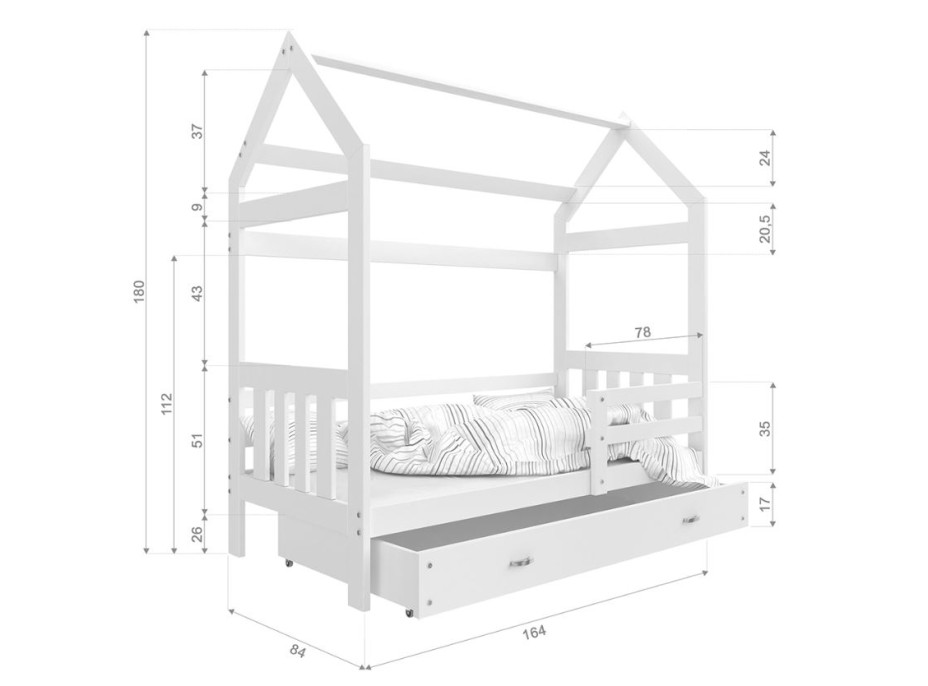 Detská domčeková posteľ DOMEK P - 160x80 cm - biela