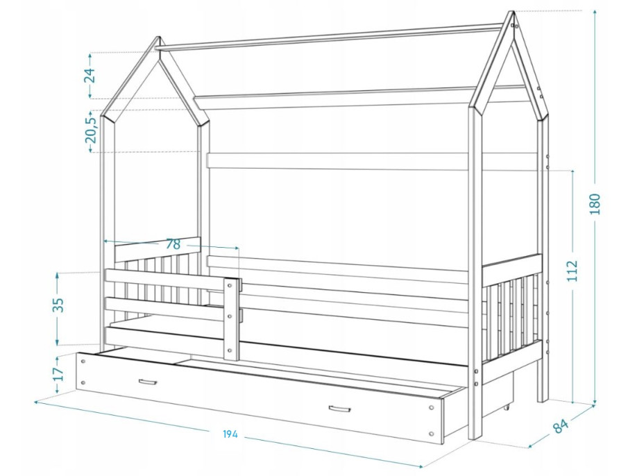 Detská Domčekové posteľ DOMČEK P - 190x80 cm - borovica