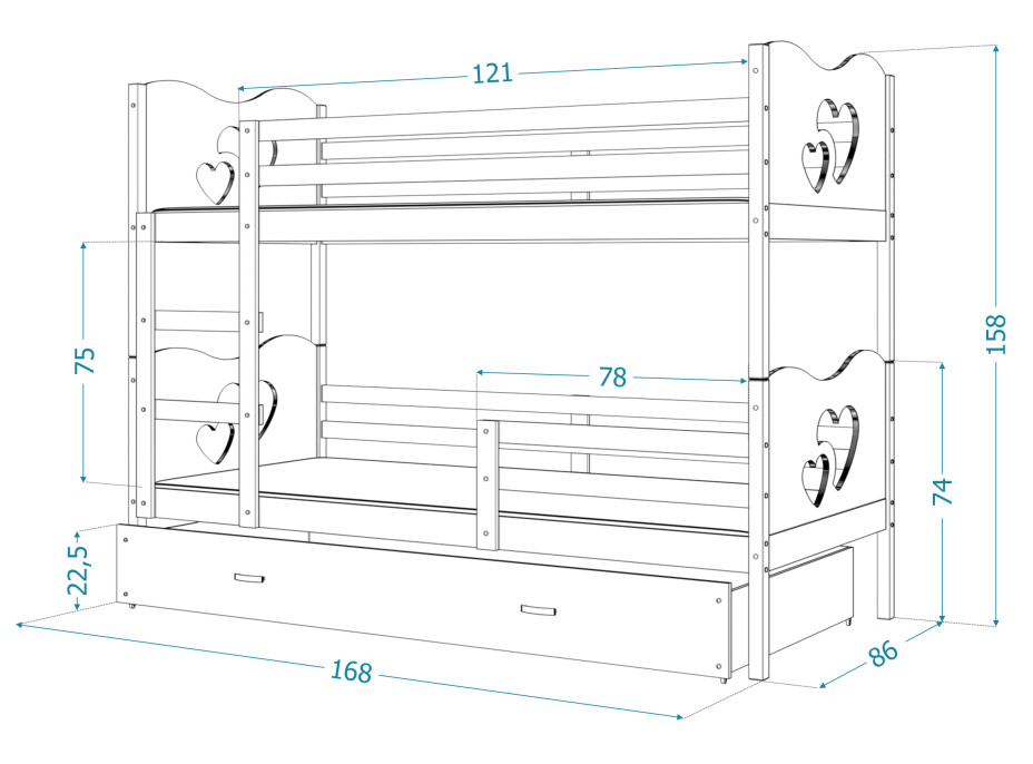 Detská poschodová posteľ so zásuvkou MAX R - 160x80 cm - biela - srdiečka