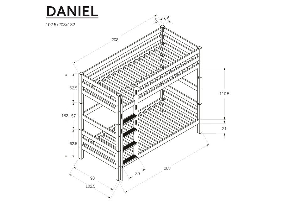 Detská poschodová posteľ z MASÍVU BUK - DANIEL 200x90cm - biela