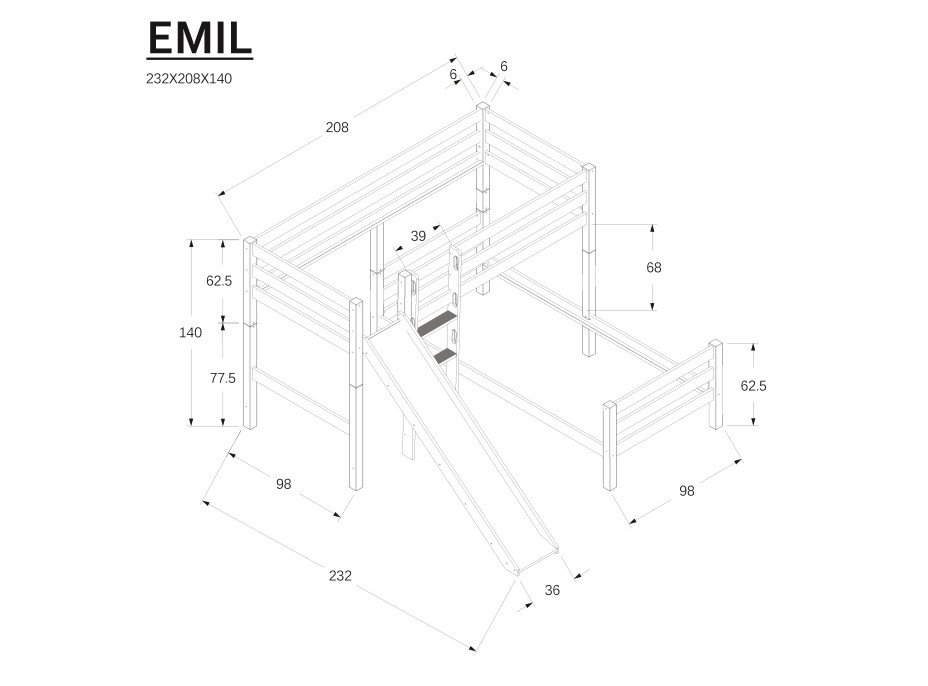 Detská poschodová posteľ do "L" sa šmýkačkou z MASÍVU BUK - EMIL 200x90cm - prírodná