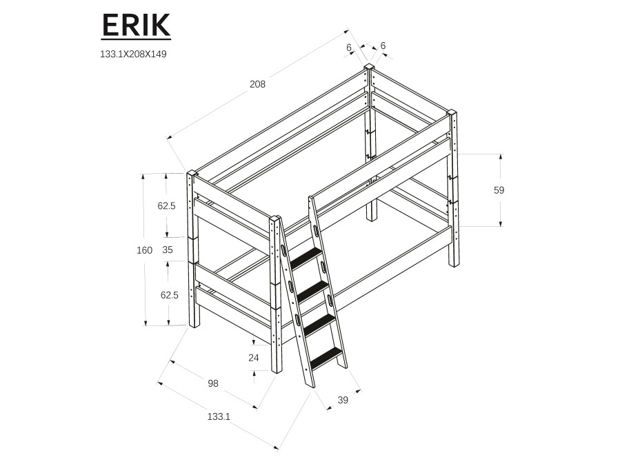 Detská poschodová posteľ z MASÍVU BUK - ERIK 200x90cm - prírodná