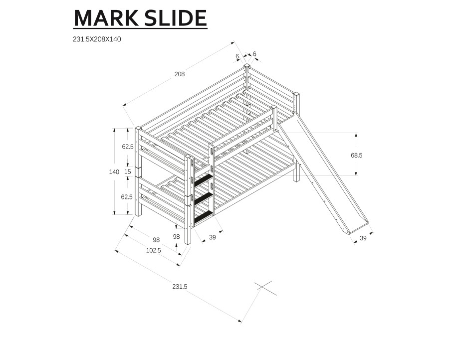 Detská poschodová posteľ so šmýkačkou z MASÍVU BUK - MARK 200x90cm - biela