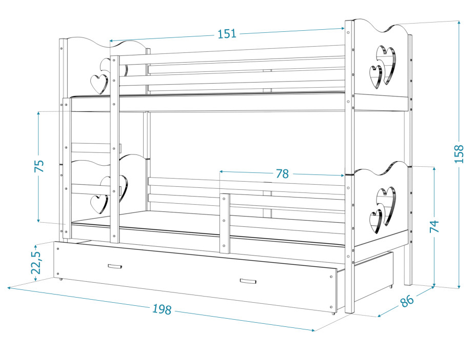 Detská poschodová posteľ s prístelkou MAX Q - 190x80 cm - biela - srdiečka