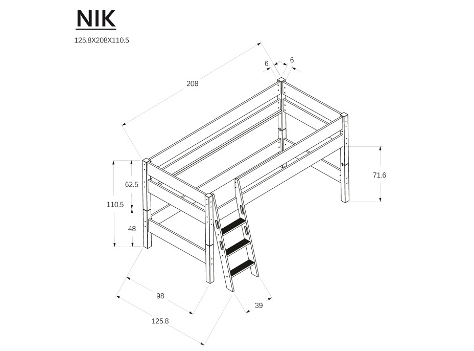 Detská vyvýšená posteľ z MASÍVU BUK - NIK 200x90cm - prírodná
