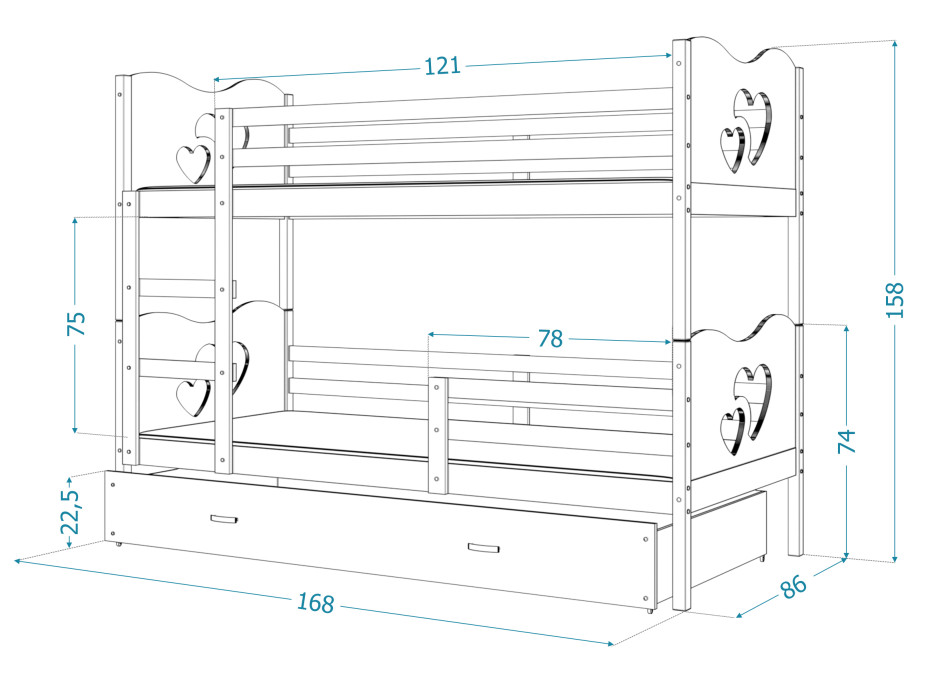 Detská poschodová posteľ so zásuvkou MAX R - 160x80 cm - sivá / borovica - vláčik