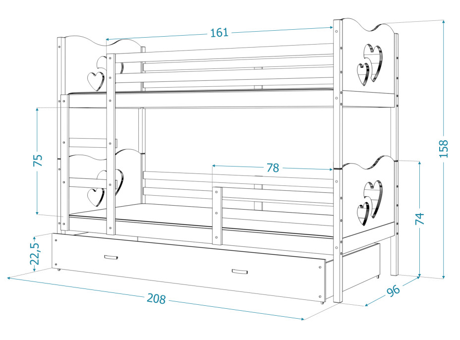 Detská poschodová posteľ so zásuvkou MAX R - 200x90 cm - zeleno-biela - vláčik