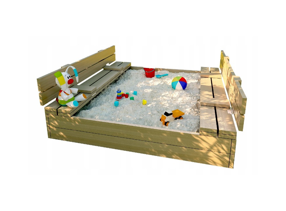 Detské pieskovisko z masívu s lavičkami 120x120 cm - uzatvárateľné