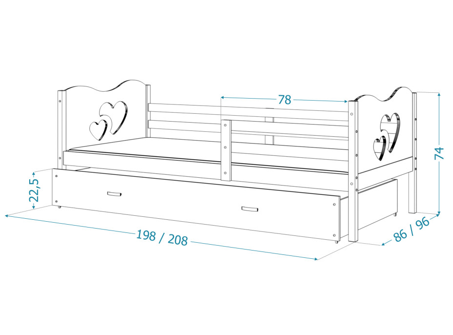 Detská posteľ s prístelkou MAX W - 200x90 cm - sivá / borovica - vláčik