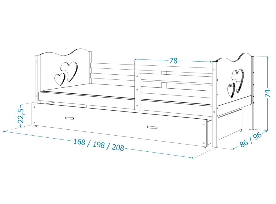 Detská posteľ so zásuvkou MAX S - 200x90 cm - sivá / borovica - vláčik