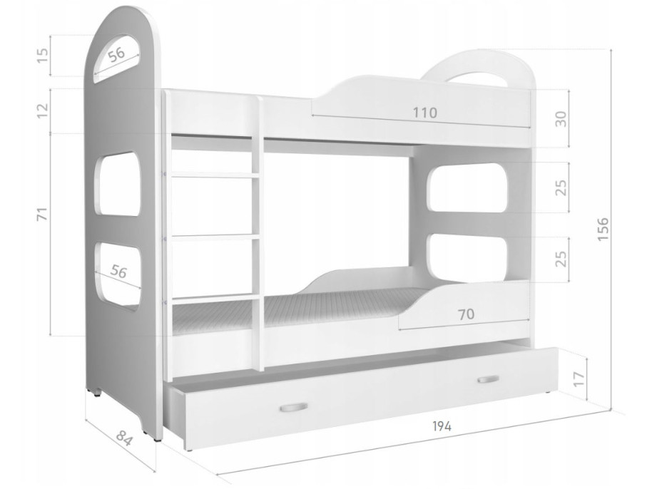 Detská poschodová posteľ Dominik so zásuvkou BIELA - 190x80 cm