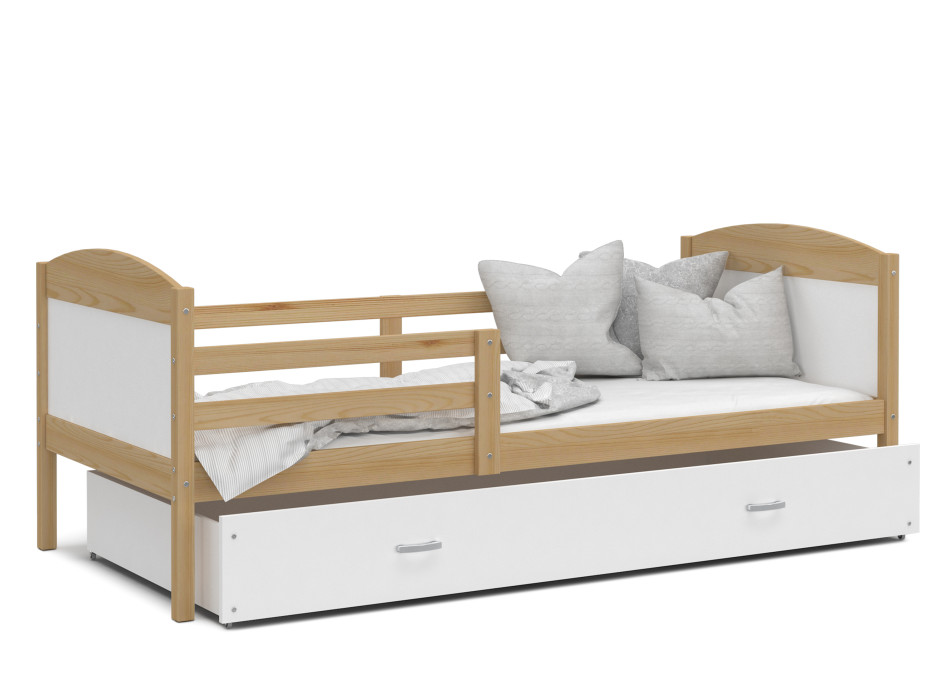 Detská posteľ so zásuvkou MATTEO - 190x80 cm - biela / borovica