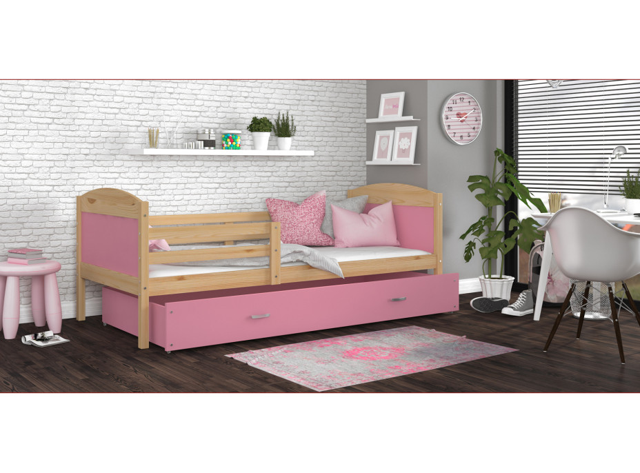 Detská posteľ so zásuvkou MATTEO - 190x80 cm - ružová / borovica