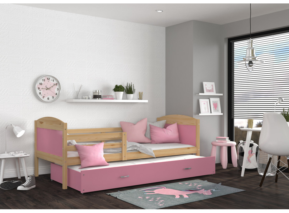 Detská posteľ s prístelkou MATTEO 2 - 200x90 cm - ružová / borovica