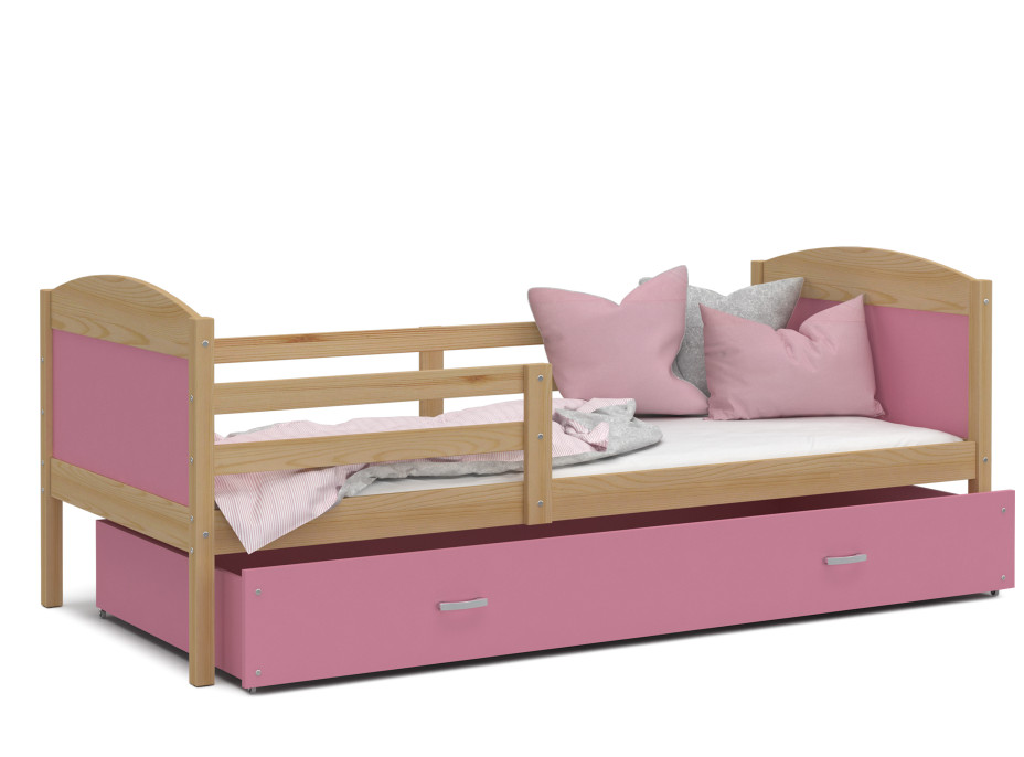 Detská posteľ so zásuvkou MATTEO - 200x90 cm - ružová / borovica