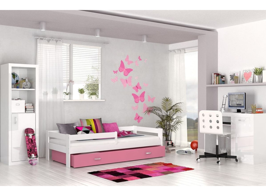 Detská posteľ so zásuvkou HUGO V - 190x80 cm - ružovo-biela