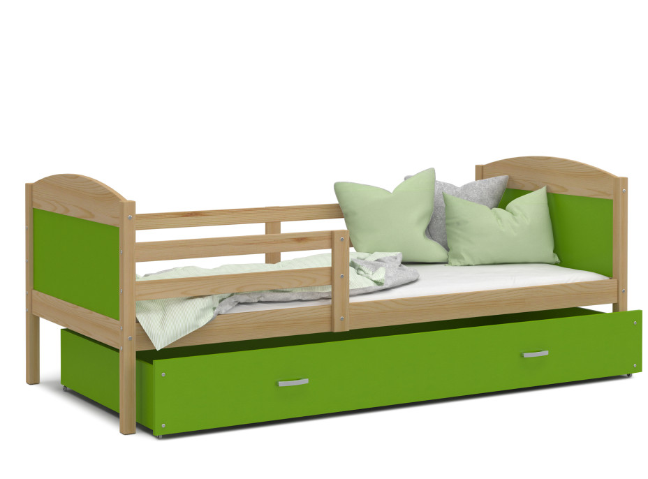 Detská posteľ so zásuvkou MATTEO - 190x80 cm - zelená / borovica