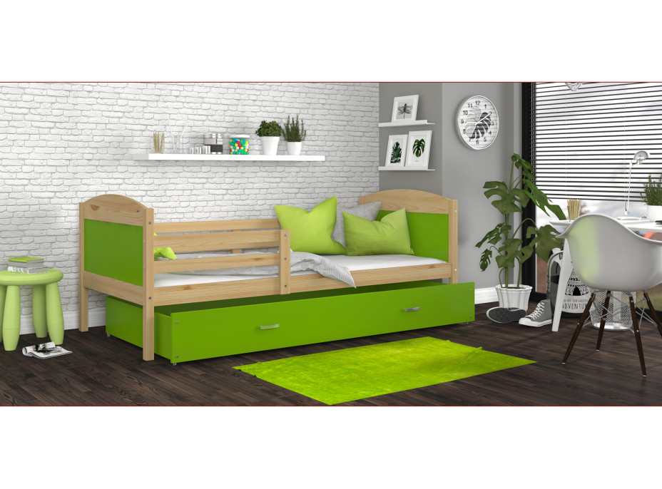 Detská posteľ so zásuvkou MATTEO - 200x90 cm - zelená / borovica