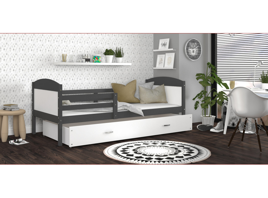 Detská posteľ so zásuvkou MATTEO - 200x90 cm - bielo-šedá