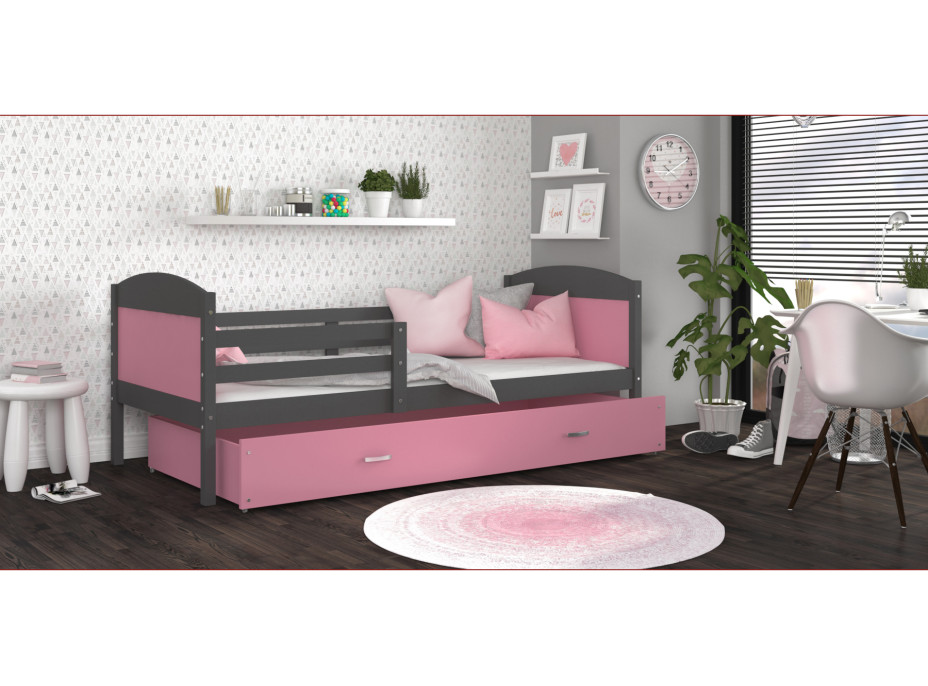Detská posteľ so zásuvkou MATTEO - 200x90 cm - ružovo-šedá