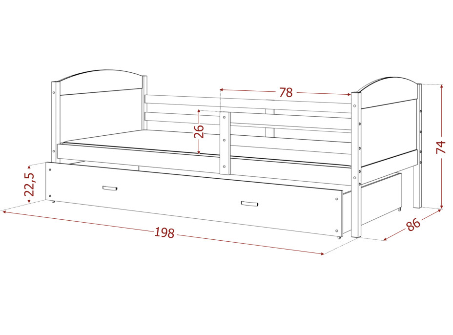 Detská posteľ so zásuvkou MATTEO - 190x80 cm - biela / borovica