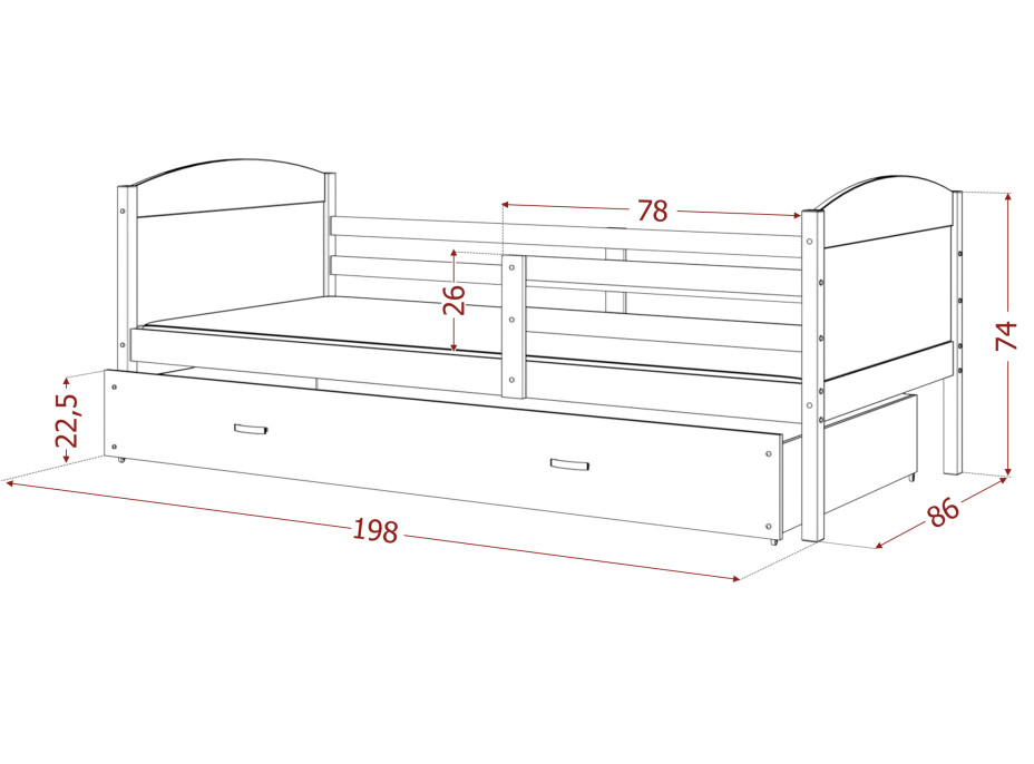 Detská posteľ so zásuvkou MATTEO - 190x80 cm - biela