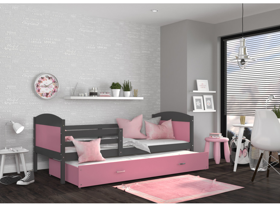 Detská posteľ s prístelkou MATTEO 2 - 190x80 cm - ružovo-šedá