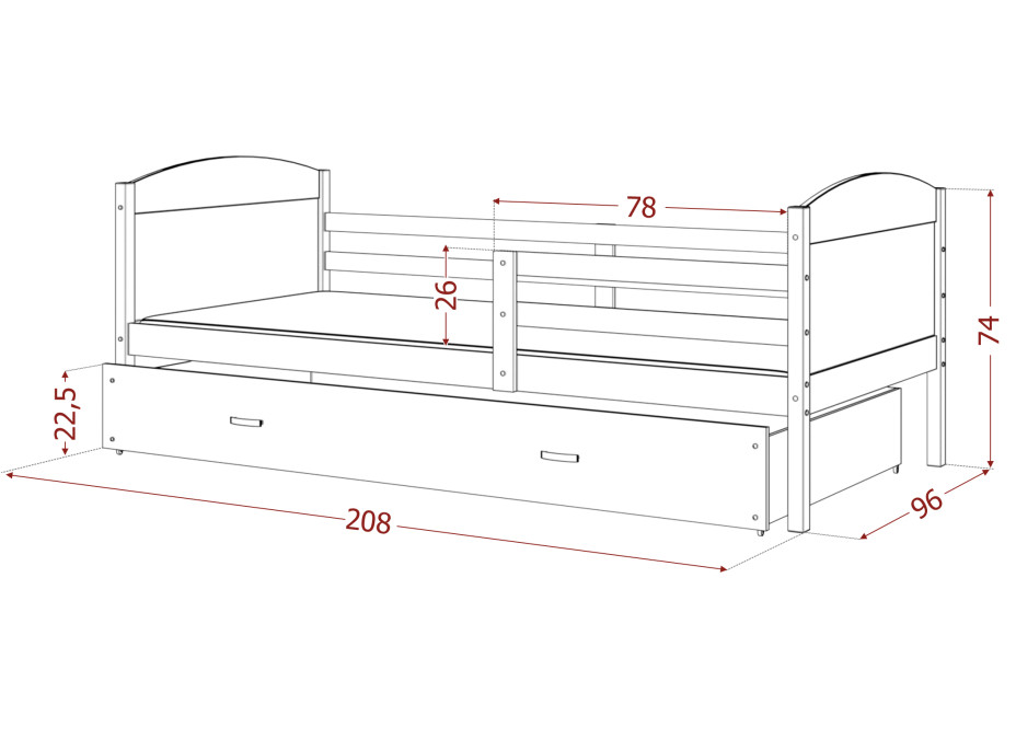Detská posteľ so zásuvkou MATTEO - 200x90 cm - biela / borovica