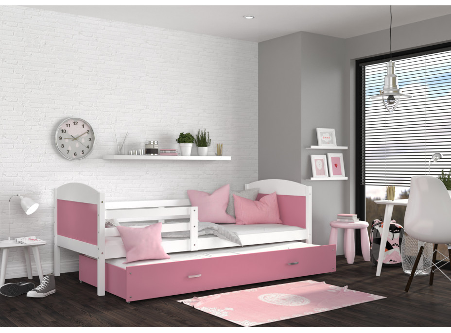 Detská posteľ s prístelkou MATTEO 2 - 190x80 cm - ružovo-biela