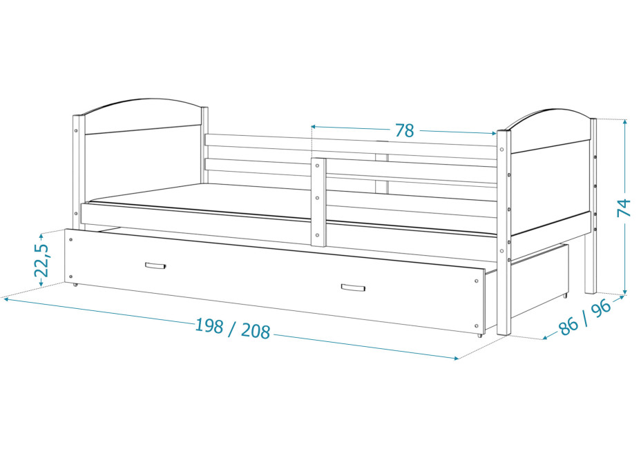 Detská posteľ s prístelkou MATTEO 2 - 190x80 cm - sivá / borovica
