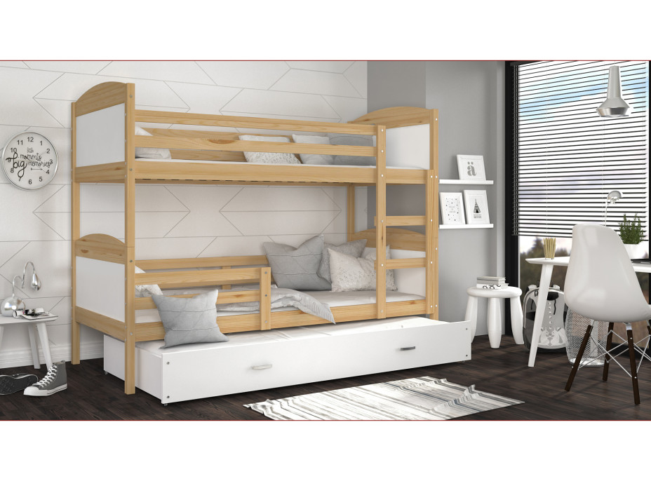 Detská poschodová posteľ s prístelkou MATTEO - 200x90 cm - biela / borovica