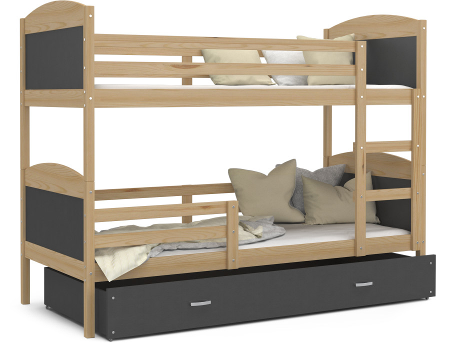 Detská poschodová posteľ so zásuvkou MATTEO - 190x80 cm - sivá / borovica