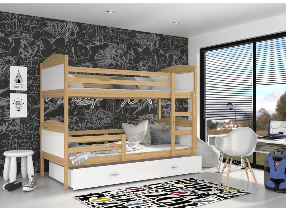 Detská poschodová posteľ so zásuvkou MATTEO - 160x80 cm - biela / borovica