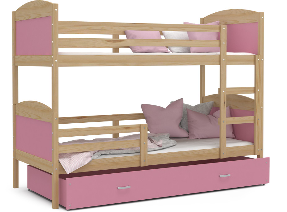 Detská poschodová posteľ so zásuvkou MATTEO - 190x80 cm - ružová / borovica