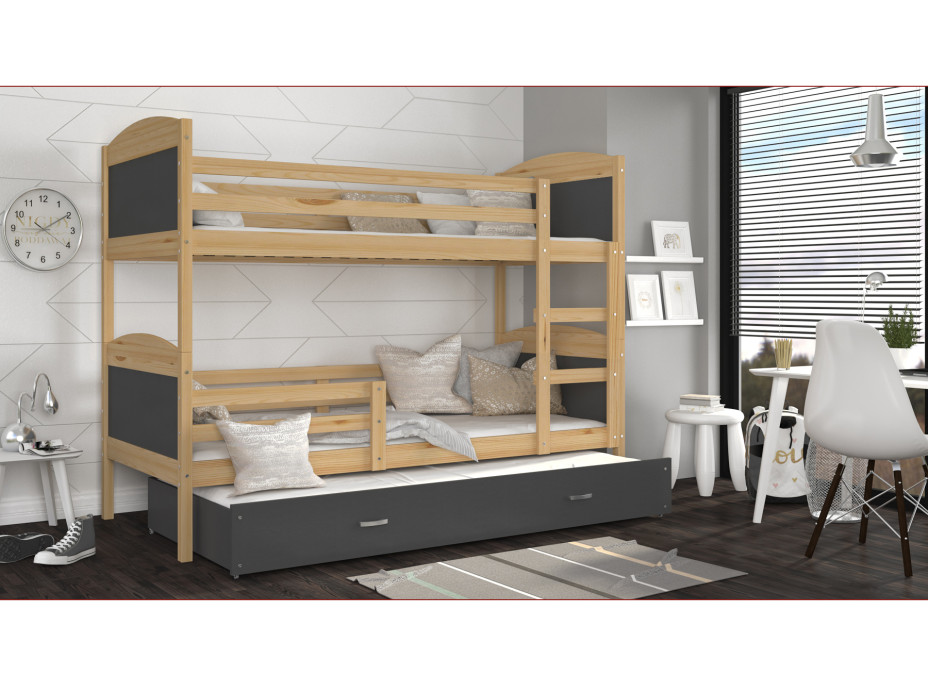 Detská poschodová posteľ s prístelkou MATTEO - 200x90 cm - sivá / borovica
