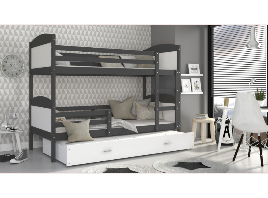 Detská poschodová posteľ s prístelkou MATTEO - 200x90 cm - bielo-šedá
