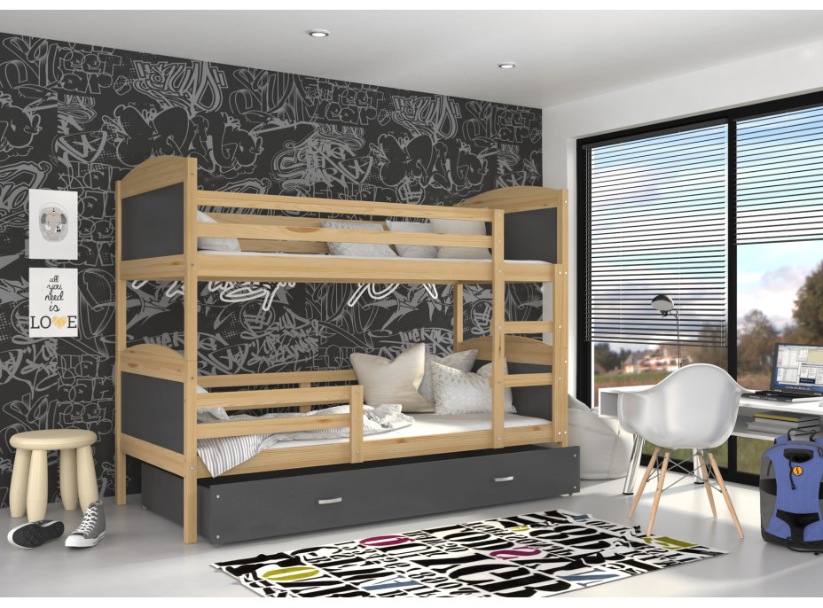 Detská poschodová posteľ so zásuvkou MATTEO - 200x90 cm - sivá / borovica