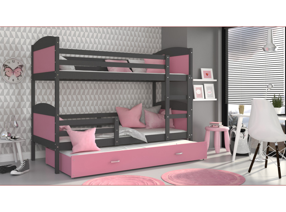 Detská poschodová posteľ s prístelkou MATTEO - 190x80 cm - ružovo-šedá