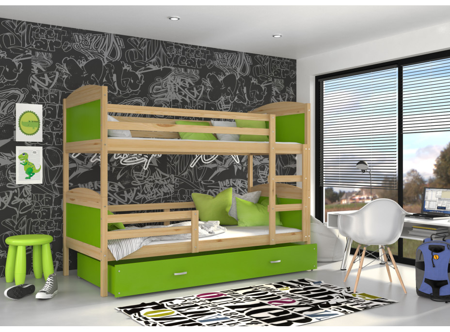 Detská poschodová posteľ so zásuvkou MATTEO - 200x90 cm - zelená / borovica