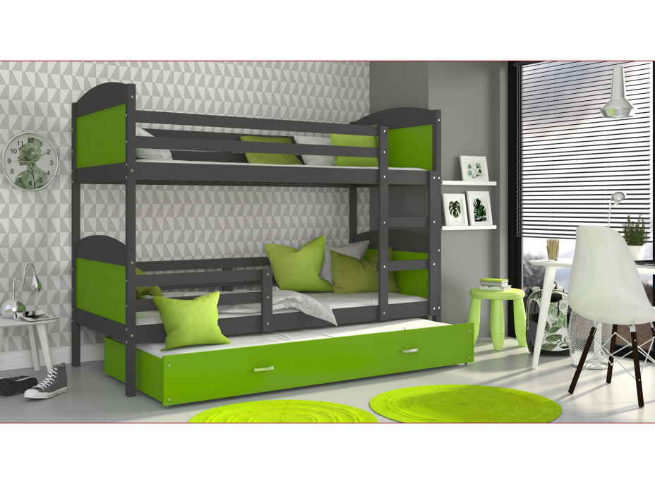 Detská poschodová posteľ s prístelkou MATTEO - 190x80 cm - zeleno-šedá
