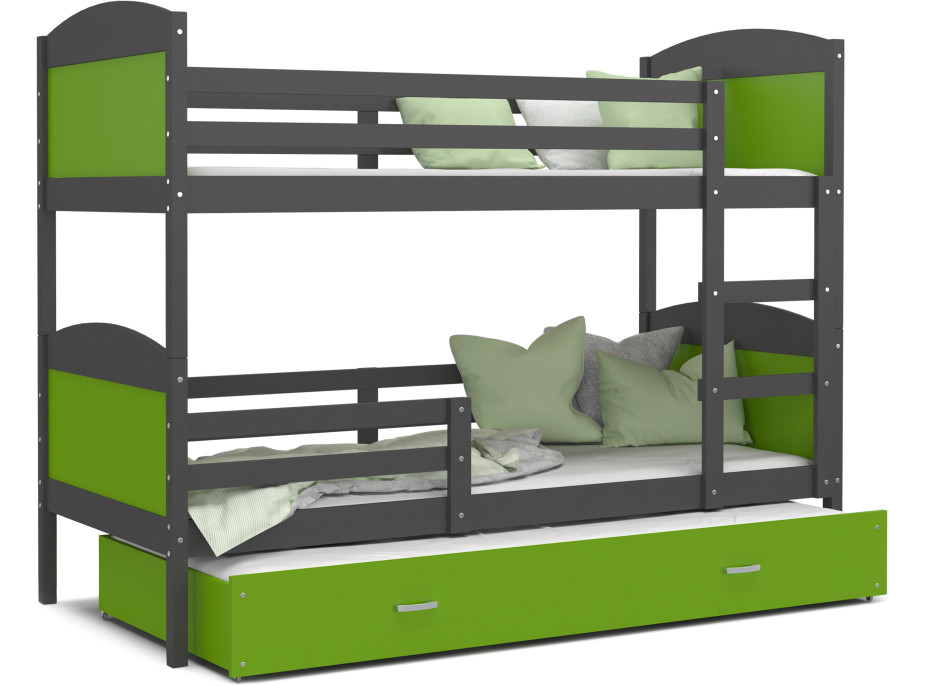 Detská poschodová posteľ s prístelkou MATTEO - 200x90 cm - zeleno-šedá
