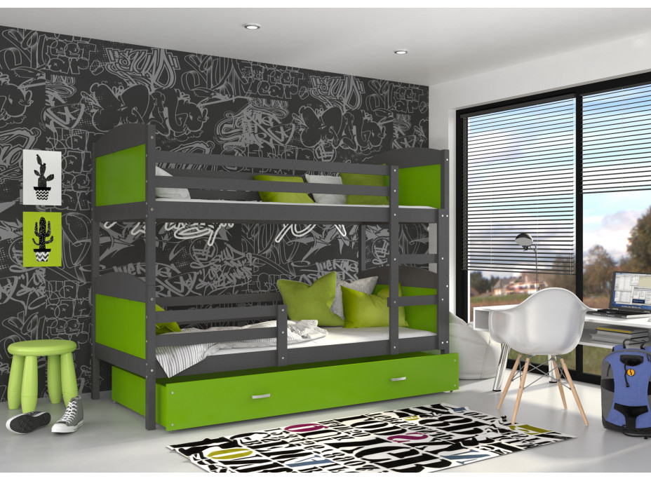 Detská poschodová posteľ so zásuvkou MATTEO - 200x90 cm - zeleno-šedá