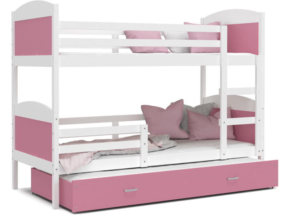 Detská poschodová posteľ s prístelkou MATTEO - 190x80 cm - ružovo-biela