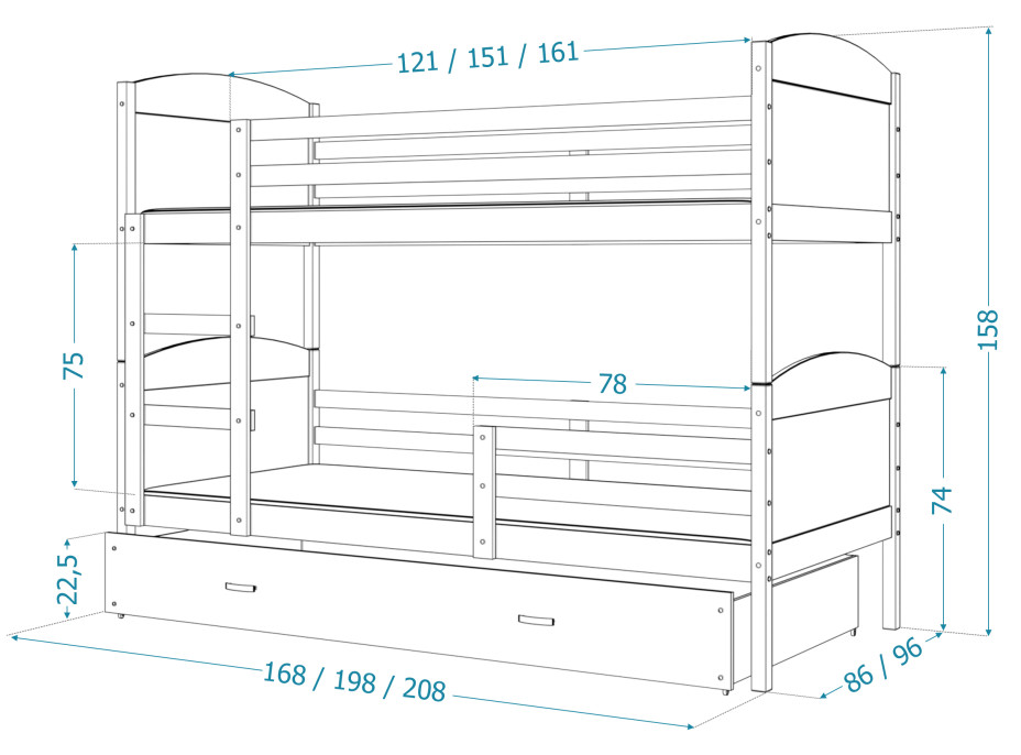 Detská poschodová posteľ so zásuvkou MATTEO - 200x90 cm - ružová / borovica