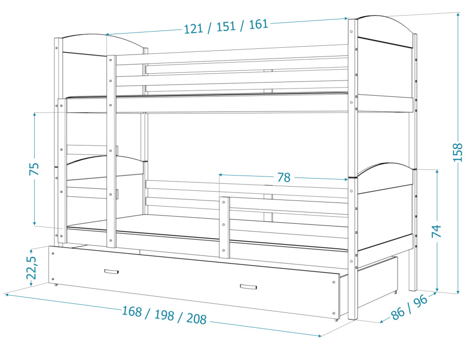 Detská poschodová posteľ so zásuvkou MATTEO - 160x80 cm - biela / borovica