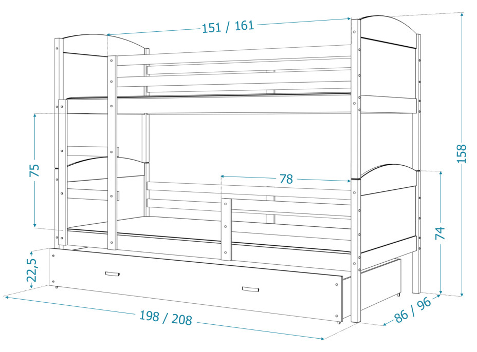 Detská poschodová posteľ s prístelkou MATTEO - 190x80 cm - biela