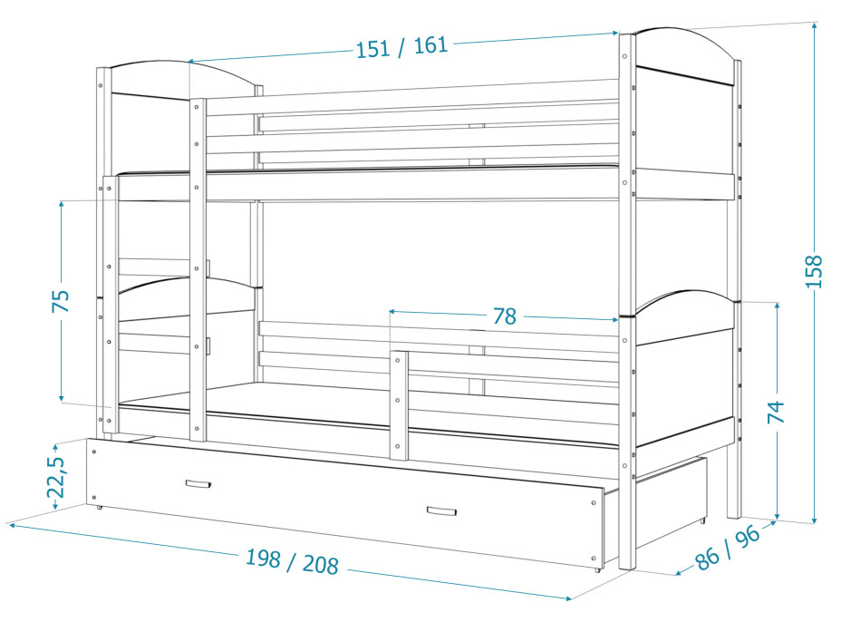 Detská poschodová posteľ s prístelkou MATTEO - 190x80 cm - biela / borovica