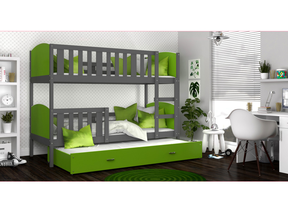 Detská poschodová posteľ s prístelkou TAMI Q - 190x80 cm - zeleno-šedá